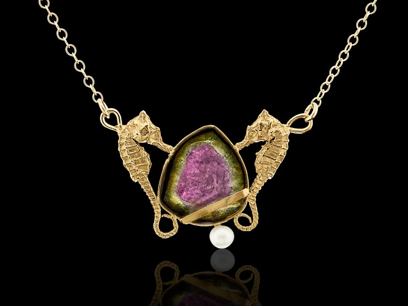 CALYPSO | Solid Gold necklace with Seahorses nestling a Watermelon Tourmaline (made to order) CALYPSO | Solid Gold necklace with Seahorses nestling a Watermelon Tourmaline (made to order)