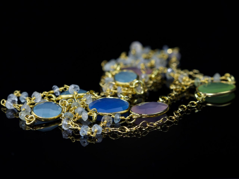 Gold multicoloured Chalcedony long gold vermeil Aquamarine necklace  (ausverkauft) 