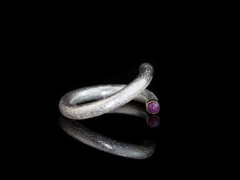 RUBY AMETHYST DOUBLE | Open brushed Sterling Silver ring with Gold (made to order) RUBY AMETHYST DOUBLE | Open brushed Sterling Silver ring with Gold (made to order)