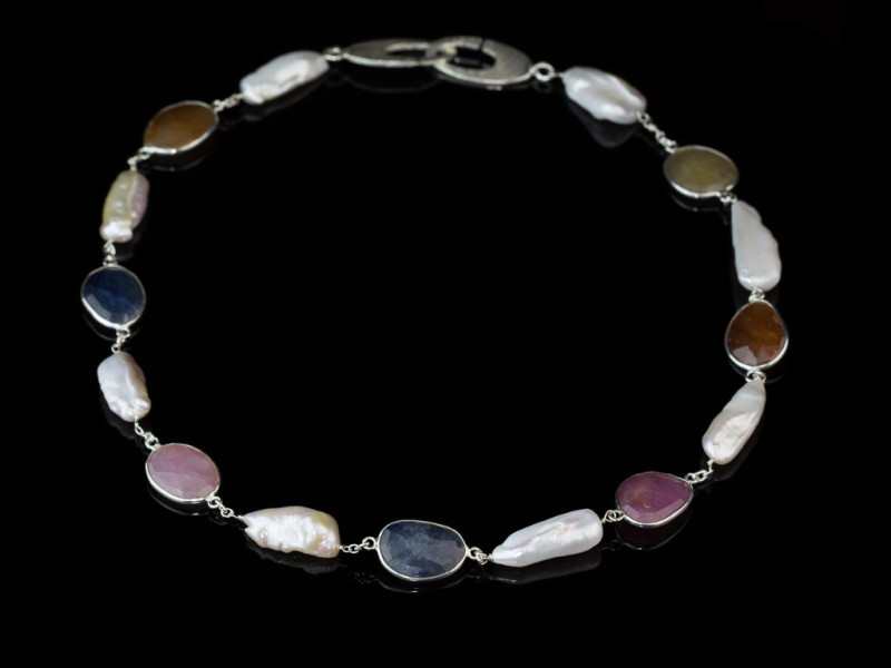 MULTI SAPPHIRE & BIWA PEARLS | Sterling Silver necklace