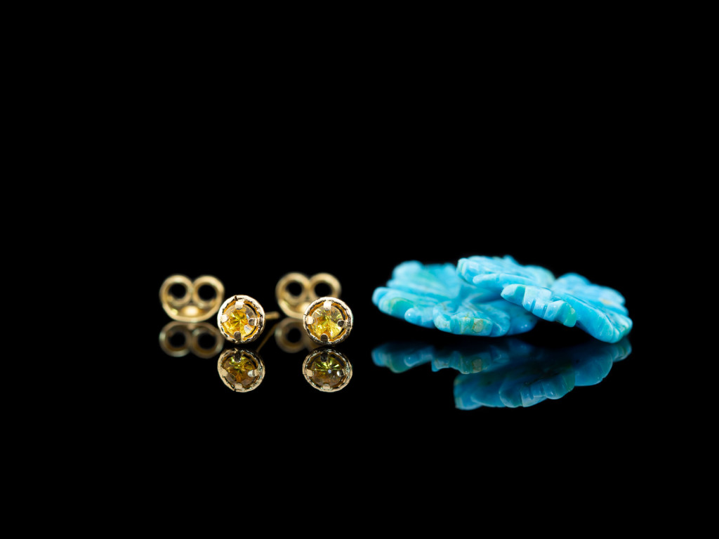 Sleeping Beauty turquoise flower earrings with yellow-orange sapphires in 18ct yellow gold
