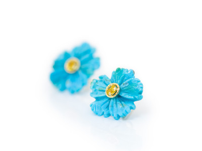 Sleeping Beauty turquoise flower earrings with yellow-orange sapphires in 18ct yellow gold