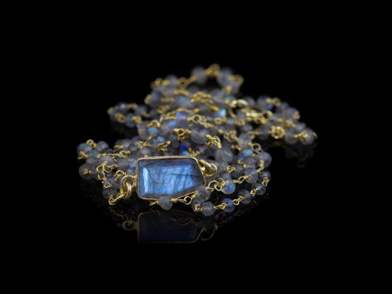 Labradorite Statement Triple Necklace | Gold links and blue shimmering pendant